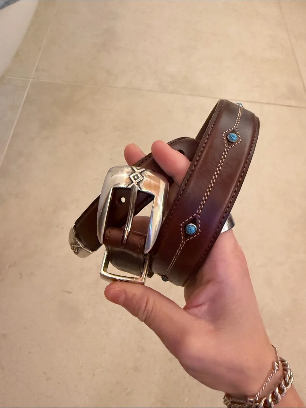 Brown Leather Belt with Silver Buckle & Turquoise Accents